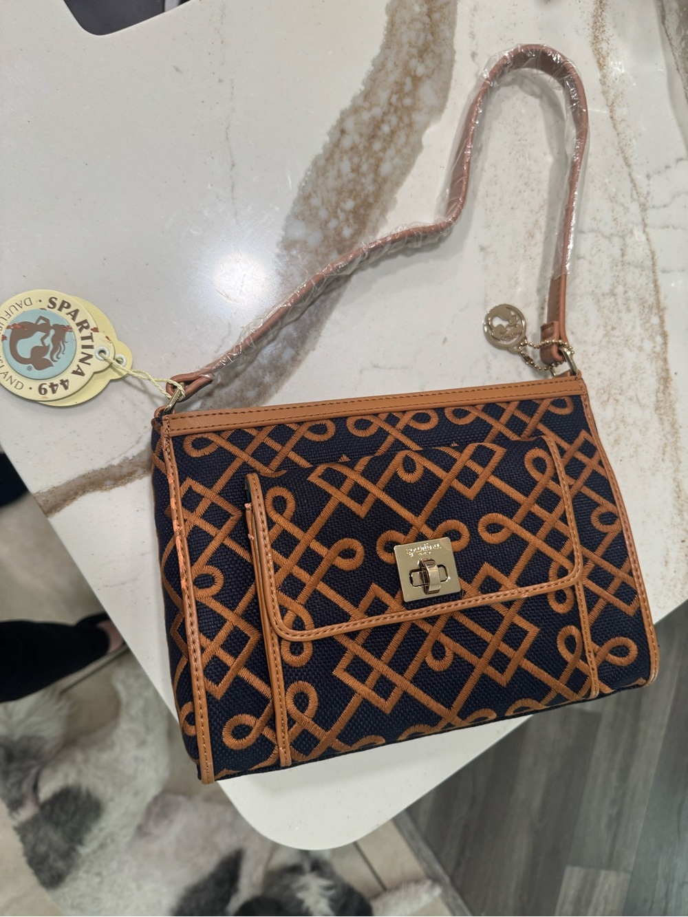 Spartina Geometric Pattern Shoulder Bag in Tan & navy blue